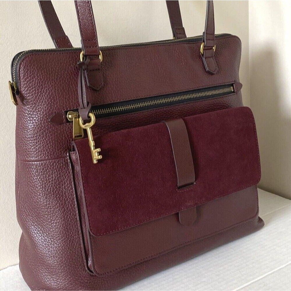 New Fossil Kinley Leather and Suede Shopper Tote Claret Red